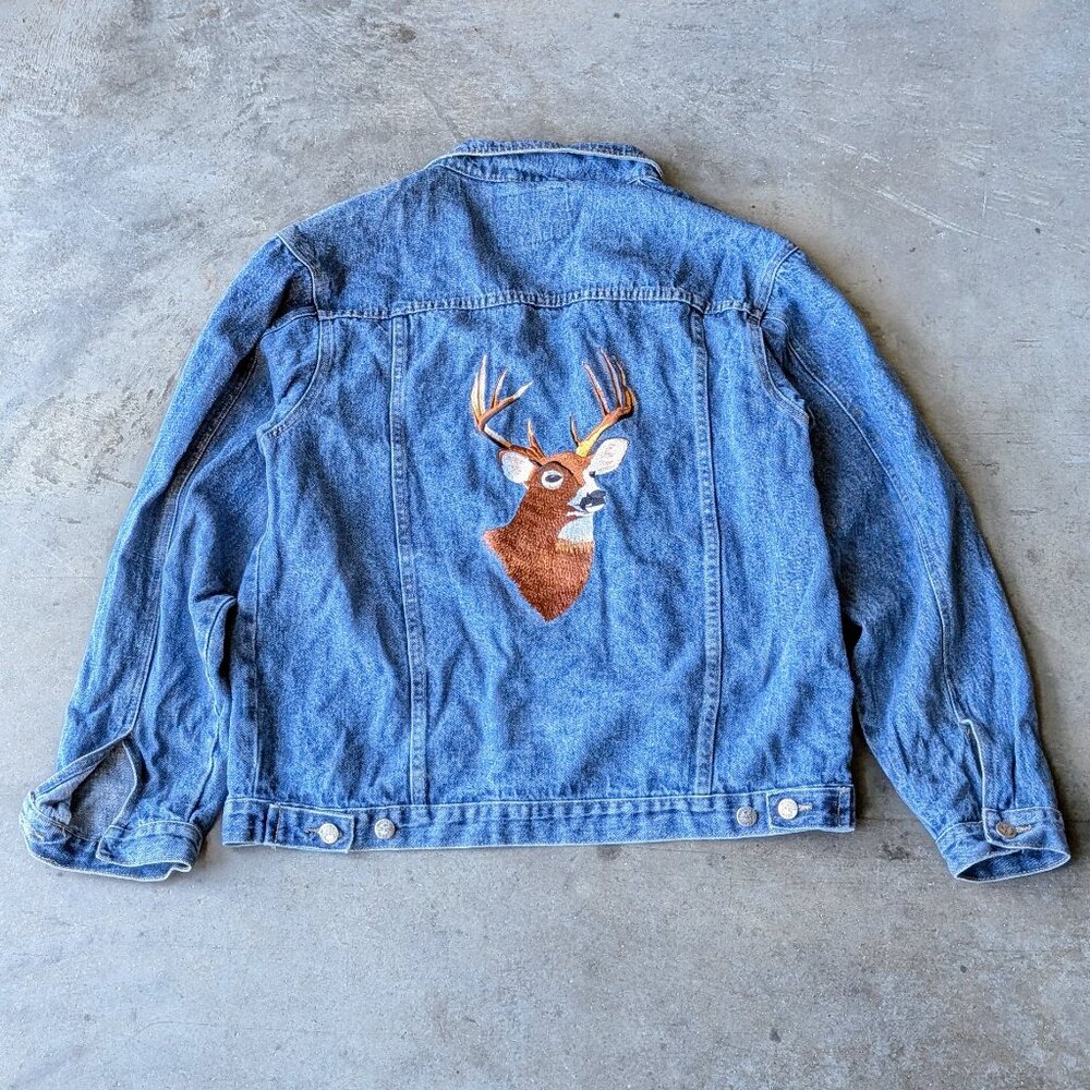 Vintage Elk Canyon Blue Denim Trucker Jacket Embroidered Deer large